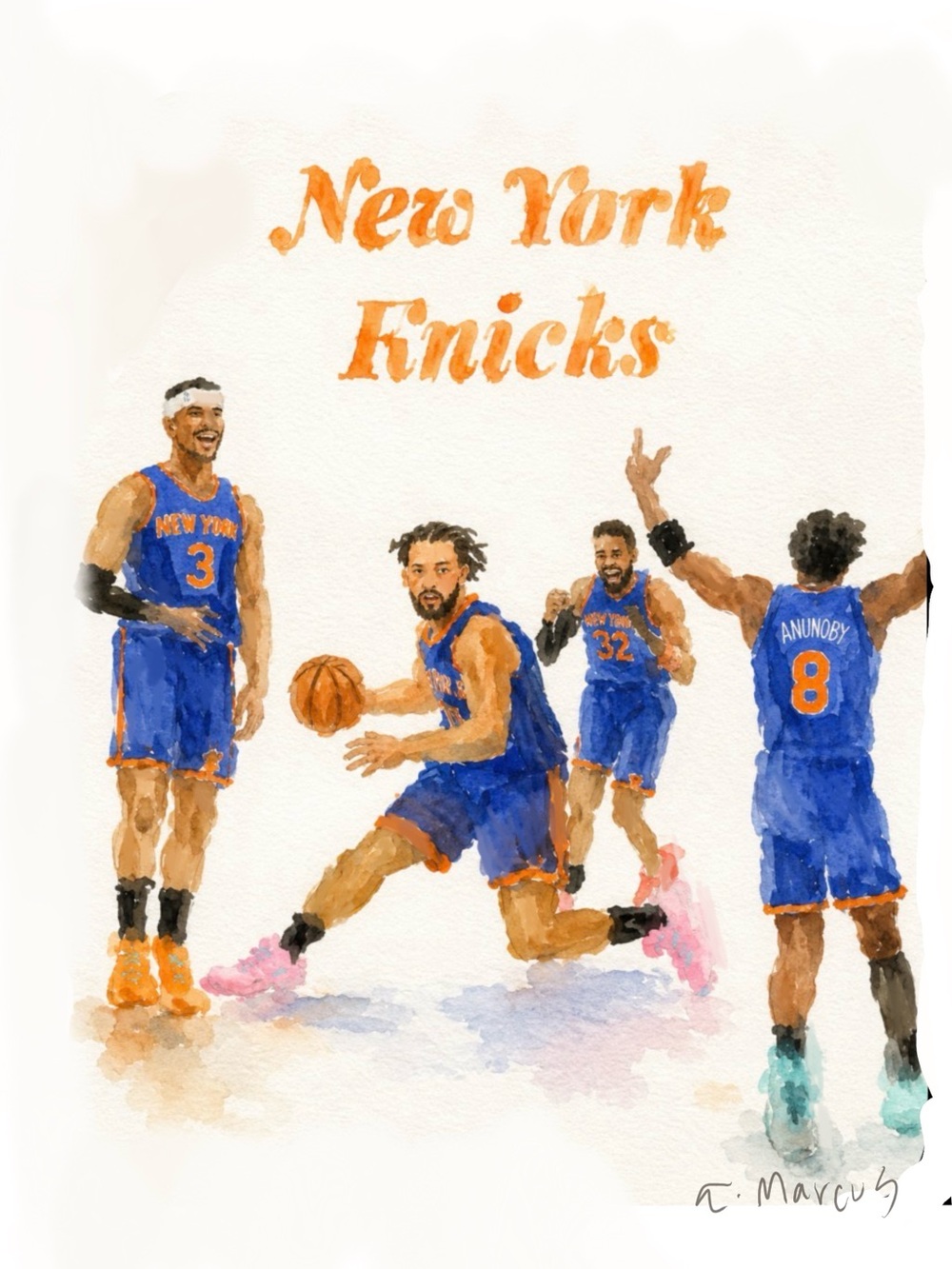 New York Knicks Watercolor Team Print - Blue & Orange